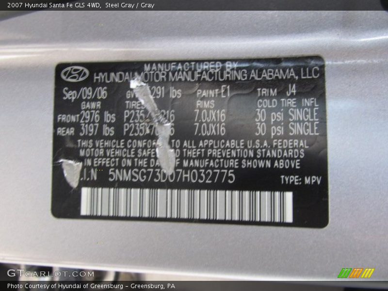 Steel Gray / Gray 2007 Hyundai Santa Fe GLS 4WD