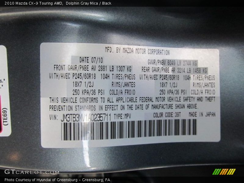 2010 CX-9 Touring AWD Dolphin Gray Mica Color Code 39T