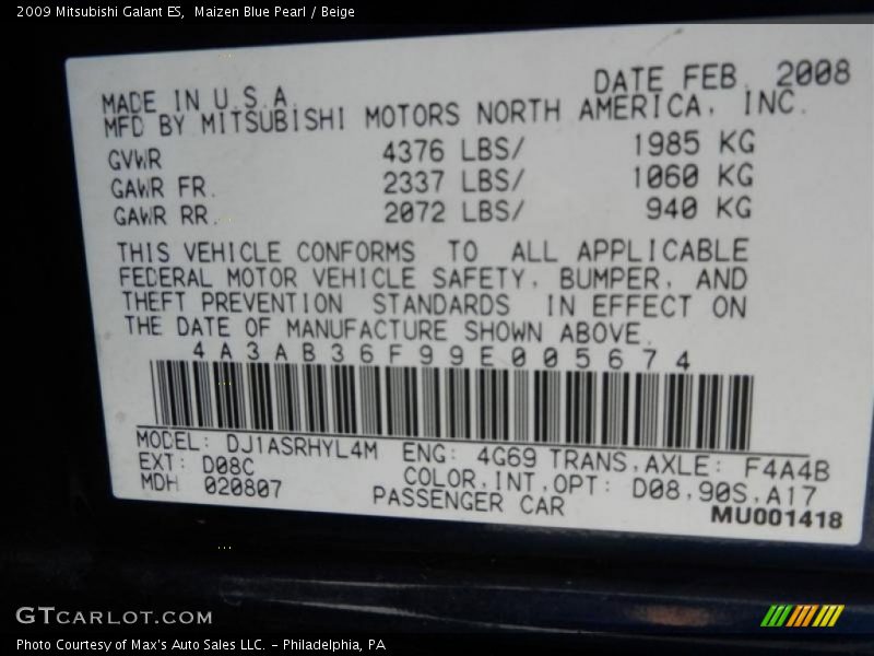 Maizen Blue Pearl / Beige 2009 Mitsubishi Galant ES