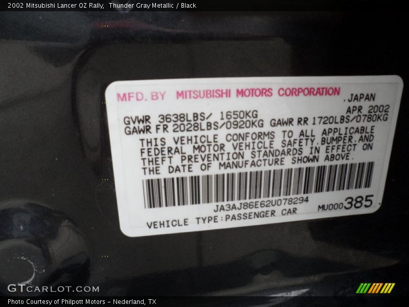 Thunder Gray Metallic / Black 2002 Mitsubishi Lancer OZ Rally