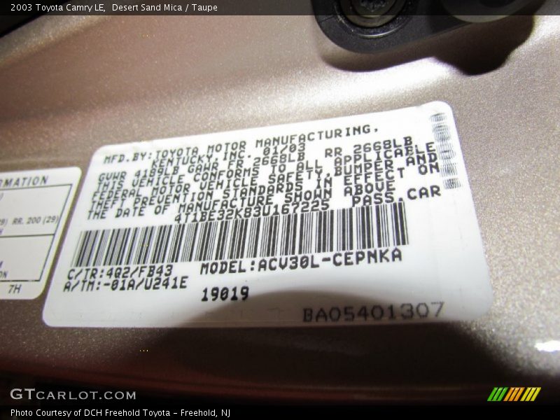 Desert Sand Mica / Taupe 2003 Toyota Camry LE
