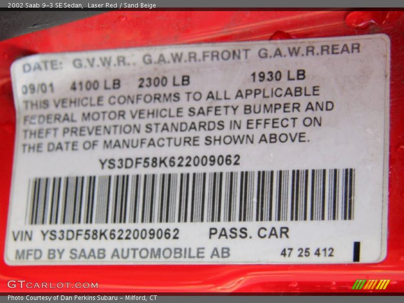 Laser Red / Sand Beige 2002 Saab 9-3 SE Sedan