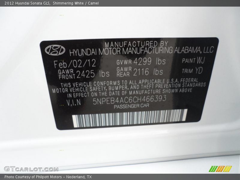 Shimmering White / Camel 2012 Hyundai Sonata GLS