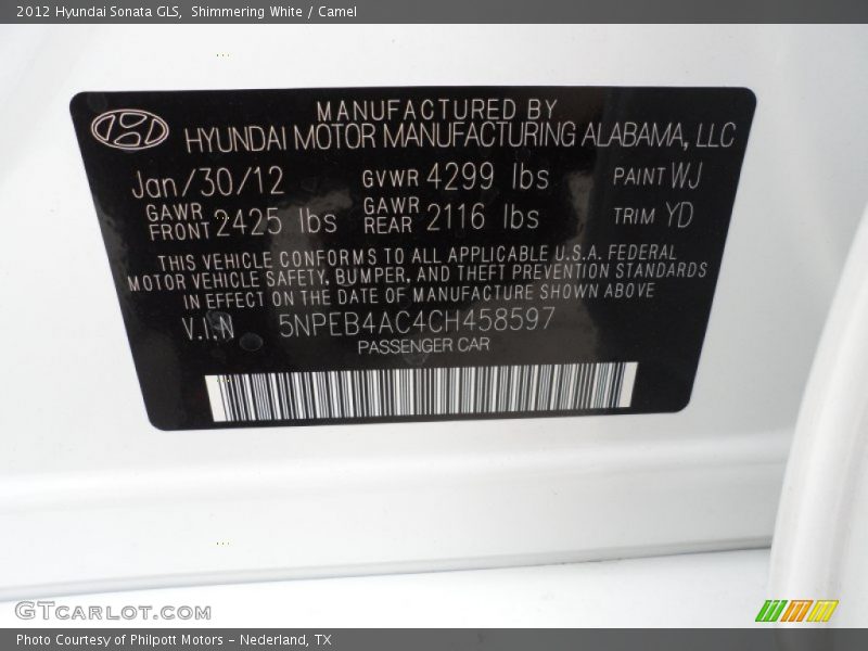 Shimmering White / Camel 2012 Hyundai Sonata GLS