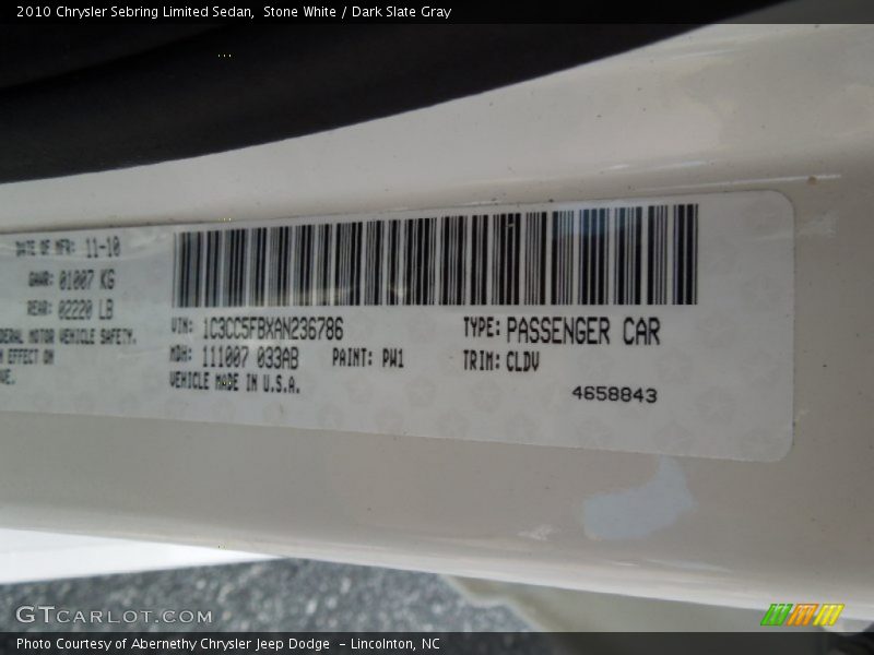 Stone White / Dark Slate Gray 2010 Chrysler Sebring Limited Sedan