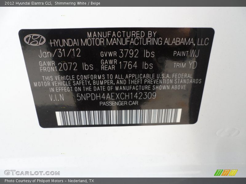 Shimmering White / Beige 2012 Hyundai Elantra GLS