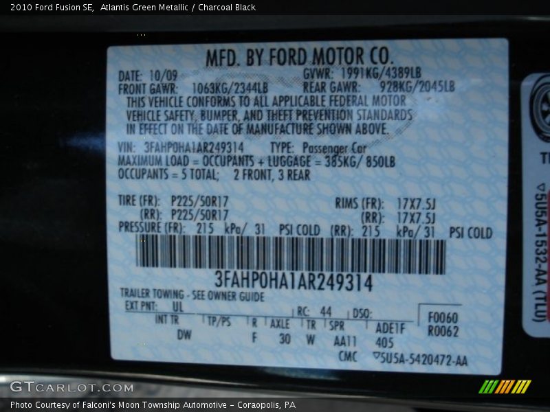 2010 Fusion SE Atlantis Green Metallic Color Code UL