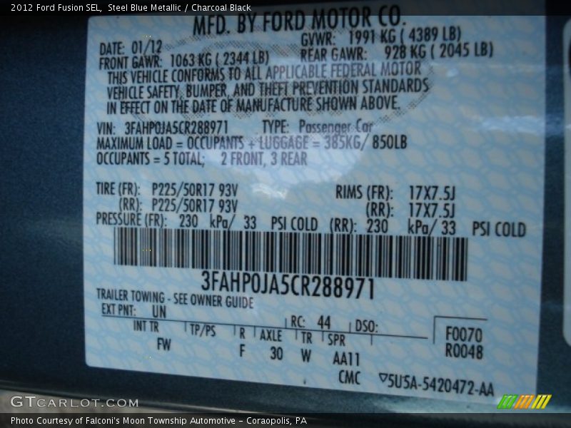 Steel Blue Metallic / Charcoal Black 2012 Ford Fusion SEL
