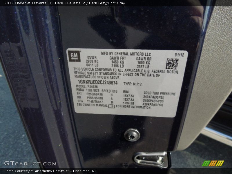 Dark Blue Metallic / Dark Gray/Light Gray 2012 Chevrolet Traverse LT
