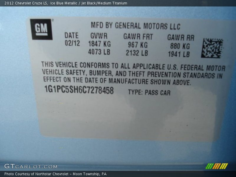 Ice Blue Metallic / Jet Black/Medium Titanium 2012 Chevrolet Cruze LS