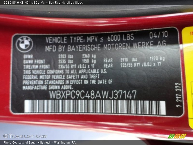 Vermilion Red Metallic / Black 2010 BMW X3 xDrive30i