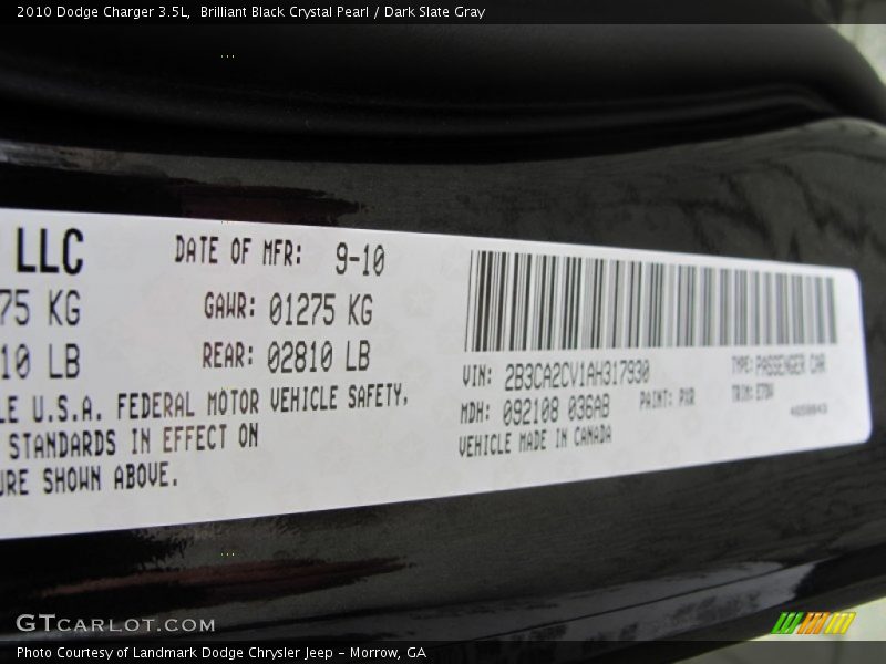 Brilliant Black Crystal Pearl / Dark Slate Gray 2010 Dodge Charger 3.5L