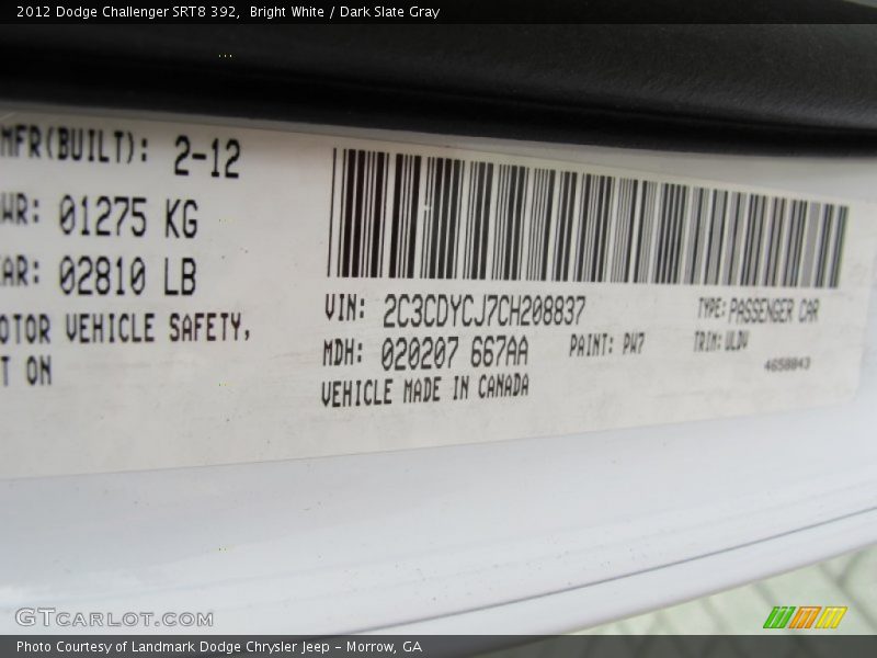 2012 Challenger SRT8 392 Bright White Color Code PW7