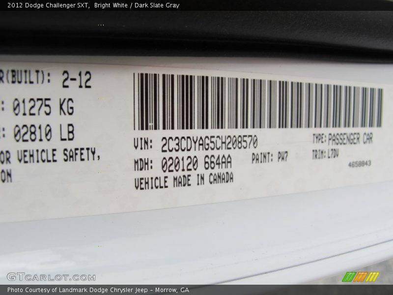 Bright White / Dark Slate Gray 2012 Dodge Challenger SXT