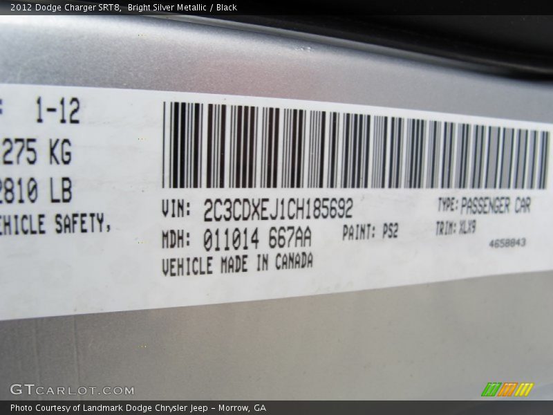 2012 Charger SRT8 Bright Silver Metallic Color Code PS2