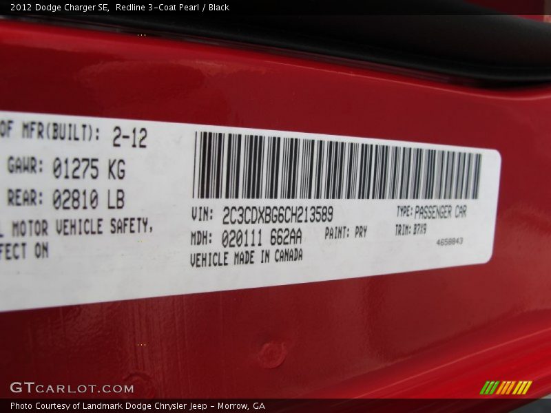 Redline 3-Coat Pearl / Black 2012 Dodge Charger SE