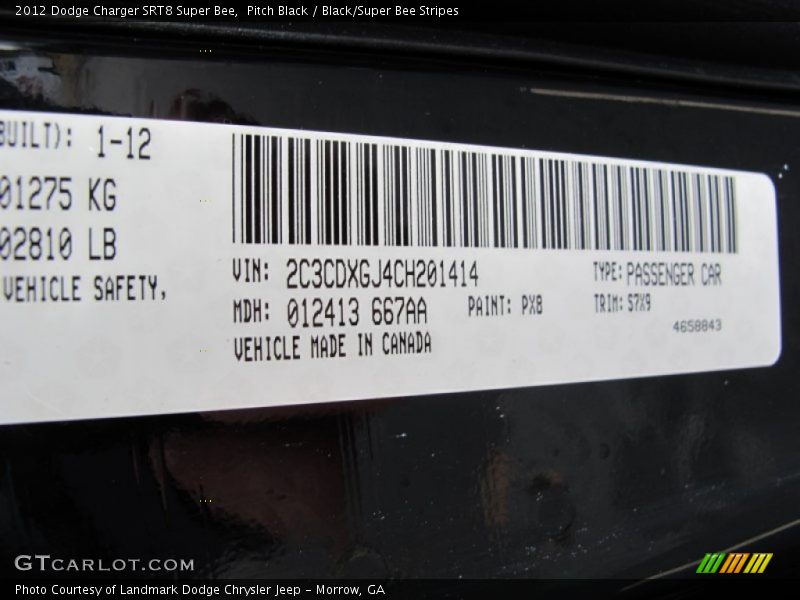 2012 Charger SRT8 Super Bee Pitch Black Color Code PX8