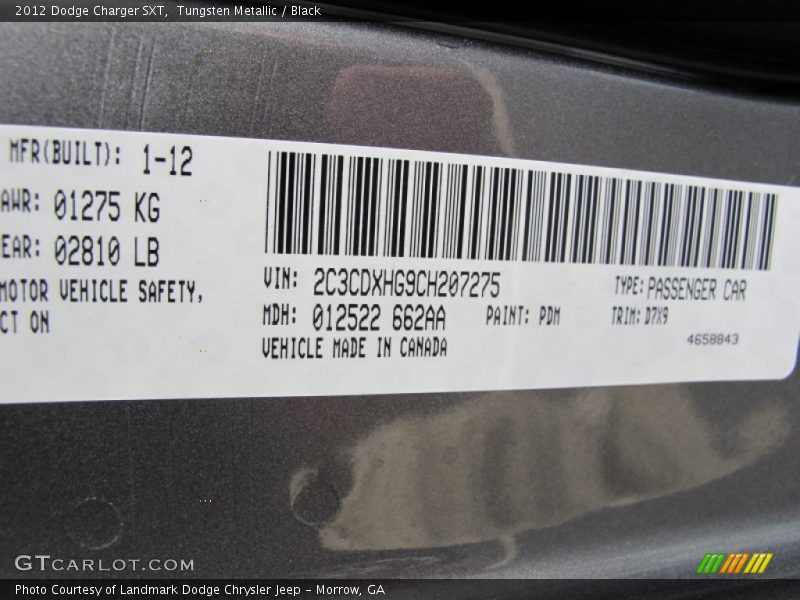 Tungsten Metallic / Black 2012 Dodge Charger SXT