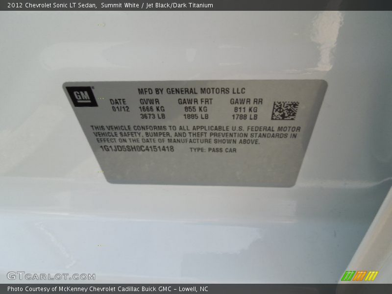 Summit White / Jet Black/Dark Titanium 2012 Chevrolet Sonic LT Sedan