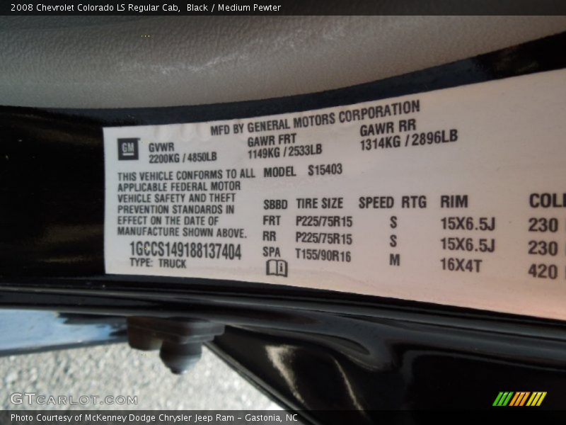 Black / Medium Pewter 2008 Chevrolet Colorado LS Regular Cab