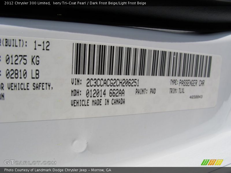 Ivory Tri-Coat Pearl / Dark Frost Beige/Light Frost Beige 2012 Chrysler 300 Limited