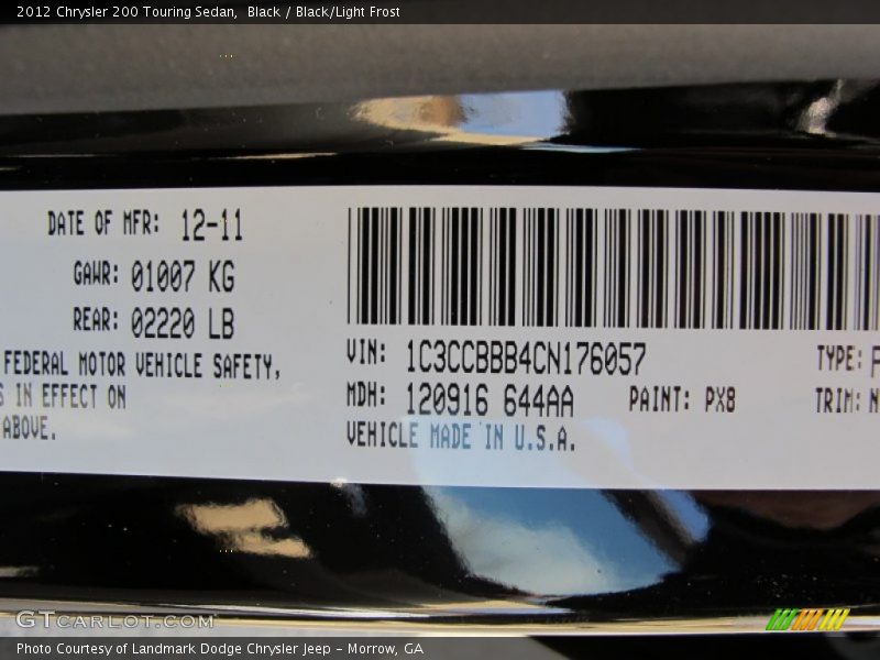 Black / Black/Light Frost 2012 Chrysler 200 Touring Sedan