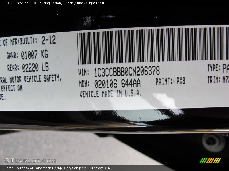 Black / Black/Light Frost 2012 Chrysler 200 Touring Sedan
