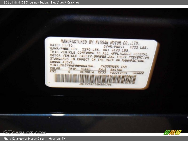 Blue Slate / Graphite 2011 Infiniti G 37 Journey Sedan
