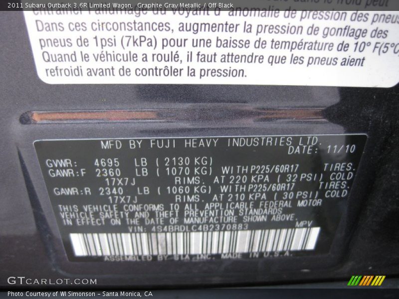 Graphite Gray Metallic / Off Black 2011 Subaru Outback 3.6R Limited Wagon