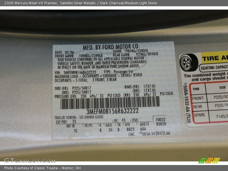 2006 Milan V6 Premier Satellite Silver Metallic Color Code T3