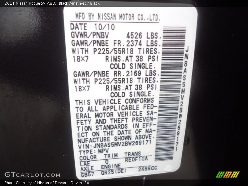 2011 Rogue SV AWD Black Amethyst Color Code LAE