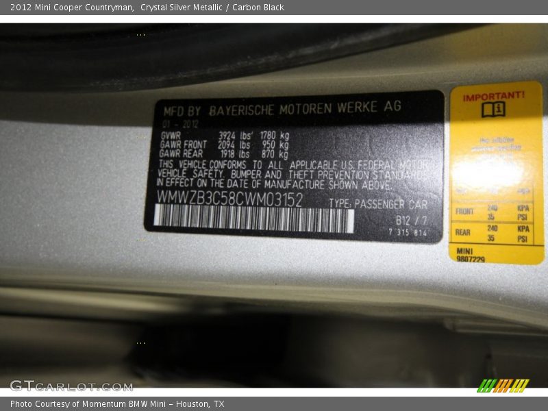 Crystal Silver Metallic / Carbon Black 2012 Mini Cooper Countryman