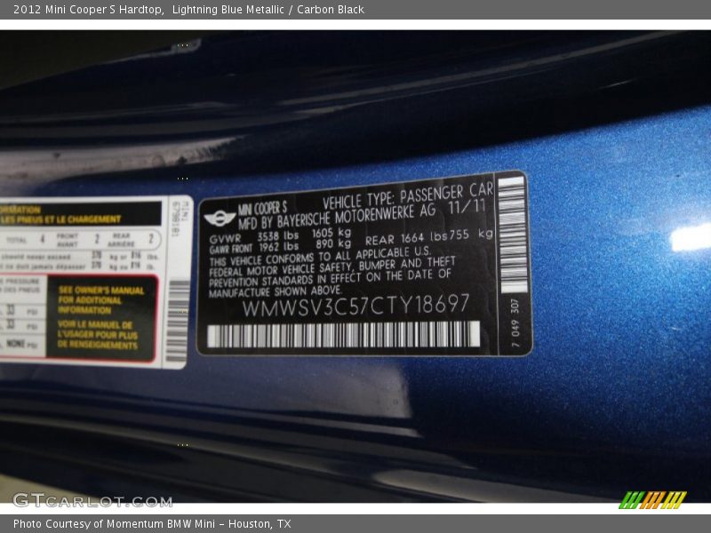Lightning Blue Metallic / Carbon Black 2012 Mini Cooper S Hardtop
