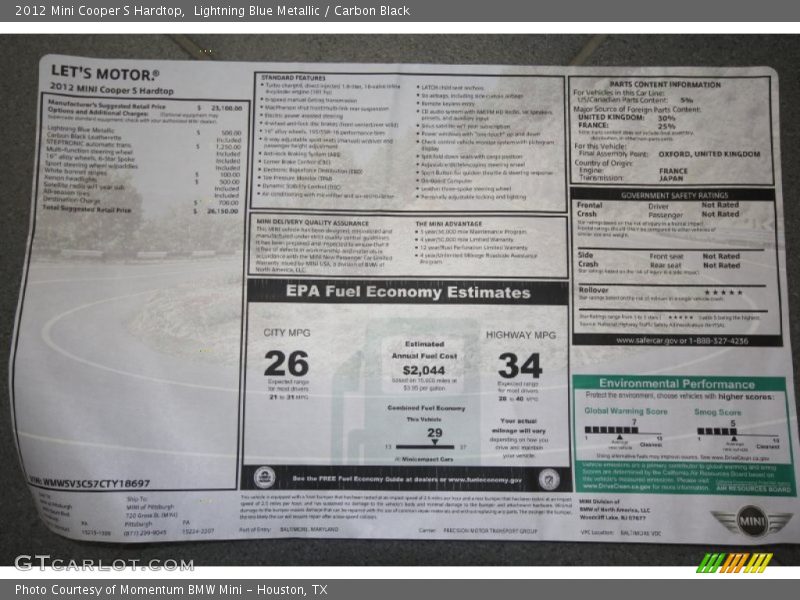 Lightning Blue Metallic / Carbon Black 2012 Mini Cooper S Hardtop