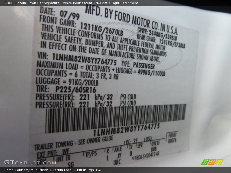 2000 Town Car Signature White Pearlescent Tri-Coat Color Code WF