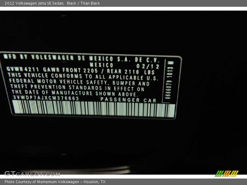 Black / Titan Black 2012 Volkswagen Jetta SE Sedan