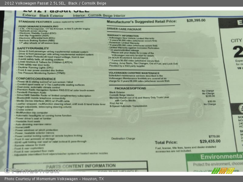 Black / Cornsilk Beige 2012 Volkswagen Passat 2.5L SEL