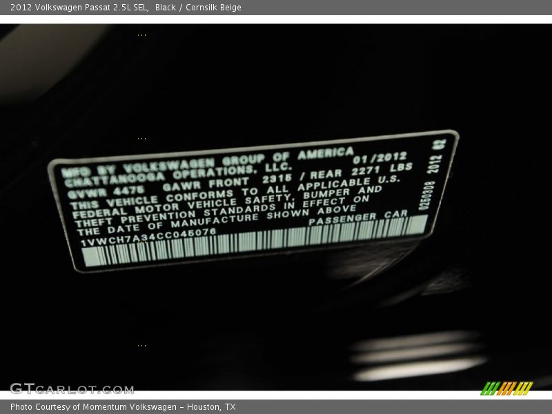 Black / Cornsilk Beige 2012 Volkswagen Passat 2.5L SEL