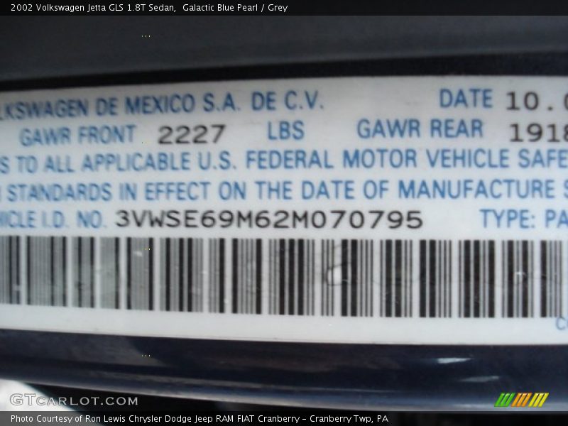 Galactic Blue Pearl / Grey 2002 Volkswagen Jetta GLS 1.8T Sedan