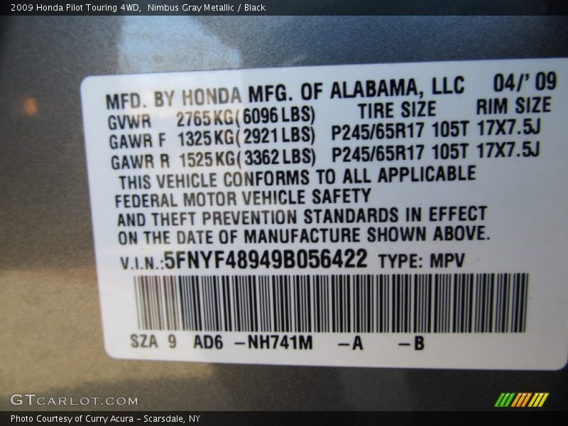 Nimbus Gray Metallic / Black 2009 Honda Pilot Touring 4WD