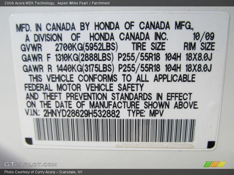 Aspen White Pearl / Parchment 2009 Acura MDX Technology