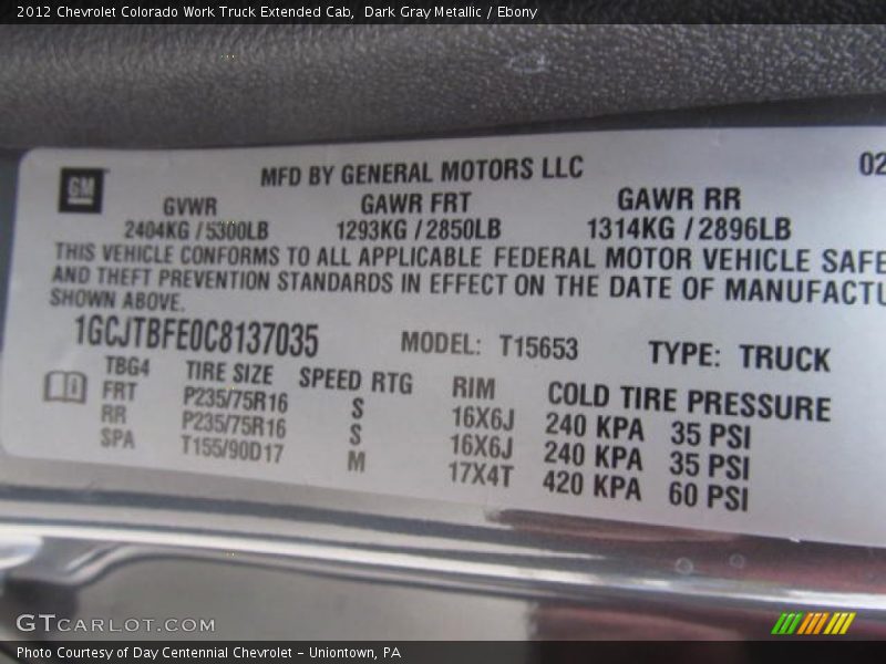 Dark Gray Metallic / Ebony 2012 Chevrolet Colorado Work Truck Extended Cab