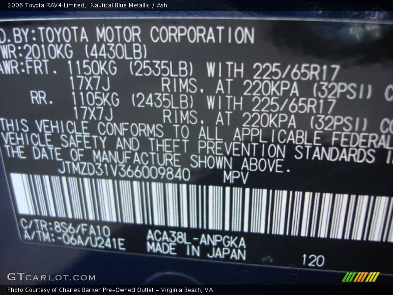 2006 RAV4 Limited Nautical Blue Metallic Color Code 8S6