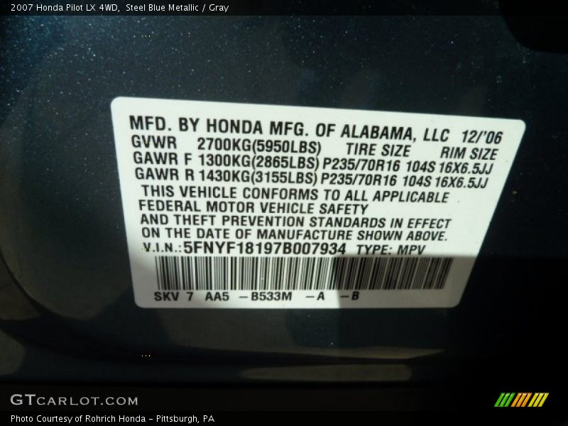 Steel Blue Metallic / Gray 2007 Honda Pilot LX 4WD