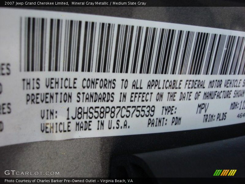 Mineral Gray Metallic / Medium Slate Gray 2007 Jeep Grand Cherokee Limited