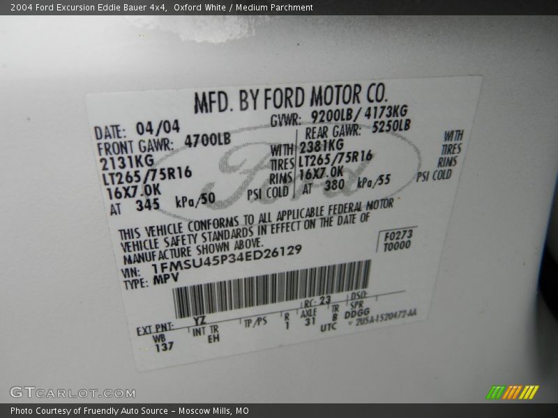 Oxford White / Medium Parchment 2004 Ford Excursion Eddie Bauer 4x4