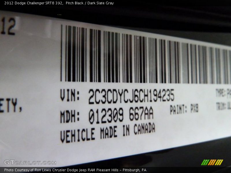Pitch Black / Dark Slate Gray 2012 Dodge Challenger SRT8 392