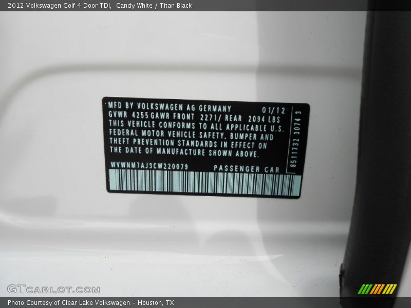 Candy White / Titan Black 2012 Volkswagen Golf 4 Door TDI
