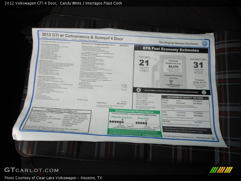 Candy White / Interlagos Plaid Cloth 2012 Volkswagen GTI 4 Door