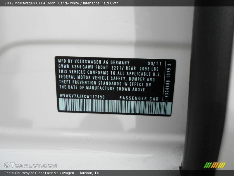Candy White / Interlagos Plaid Cloth 2012 Volkswagen GTI 4 Door